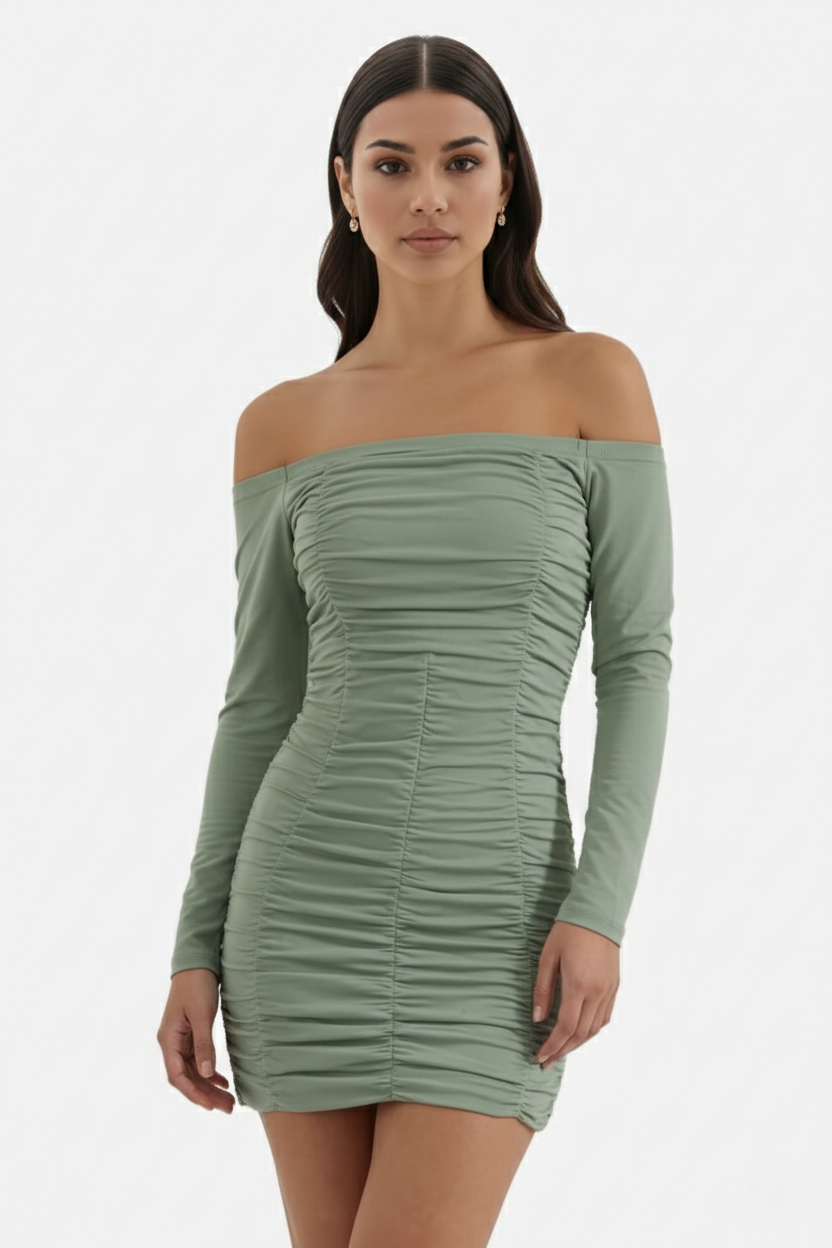 Ruched Off-Shoulder Long Sleeve Bodycon Mini Dress