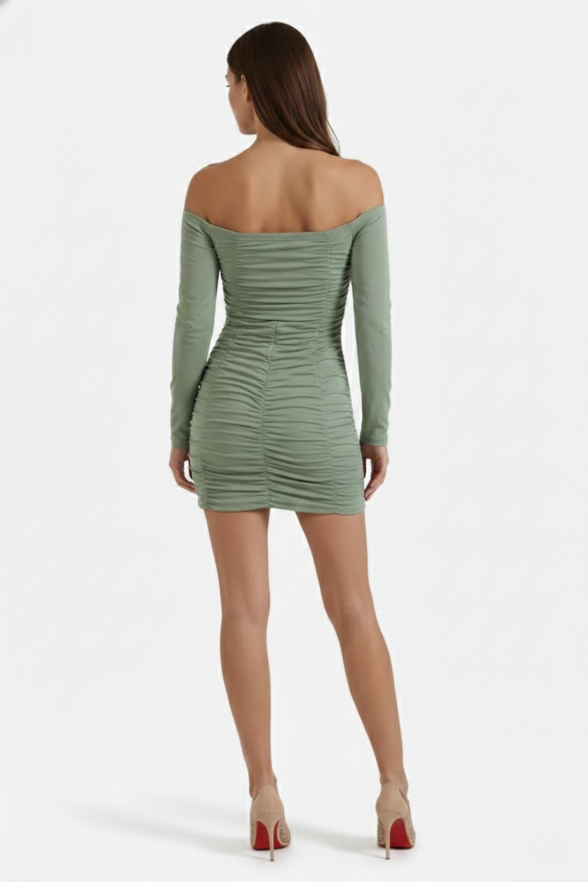 Ruched Off-Shoulder Long Sleeve Bodycon Mini Dress