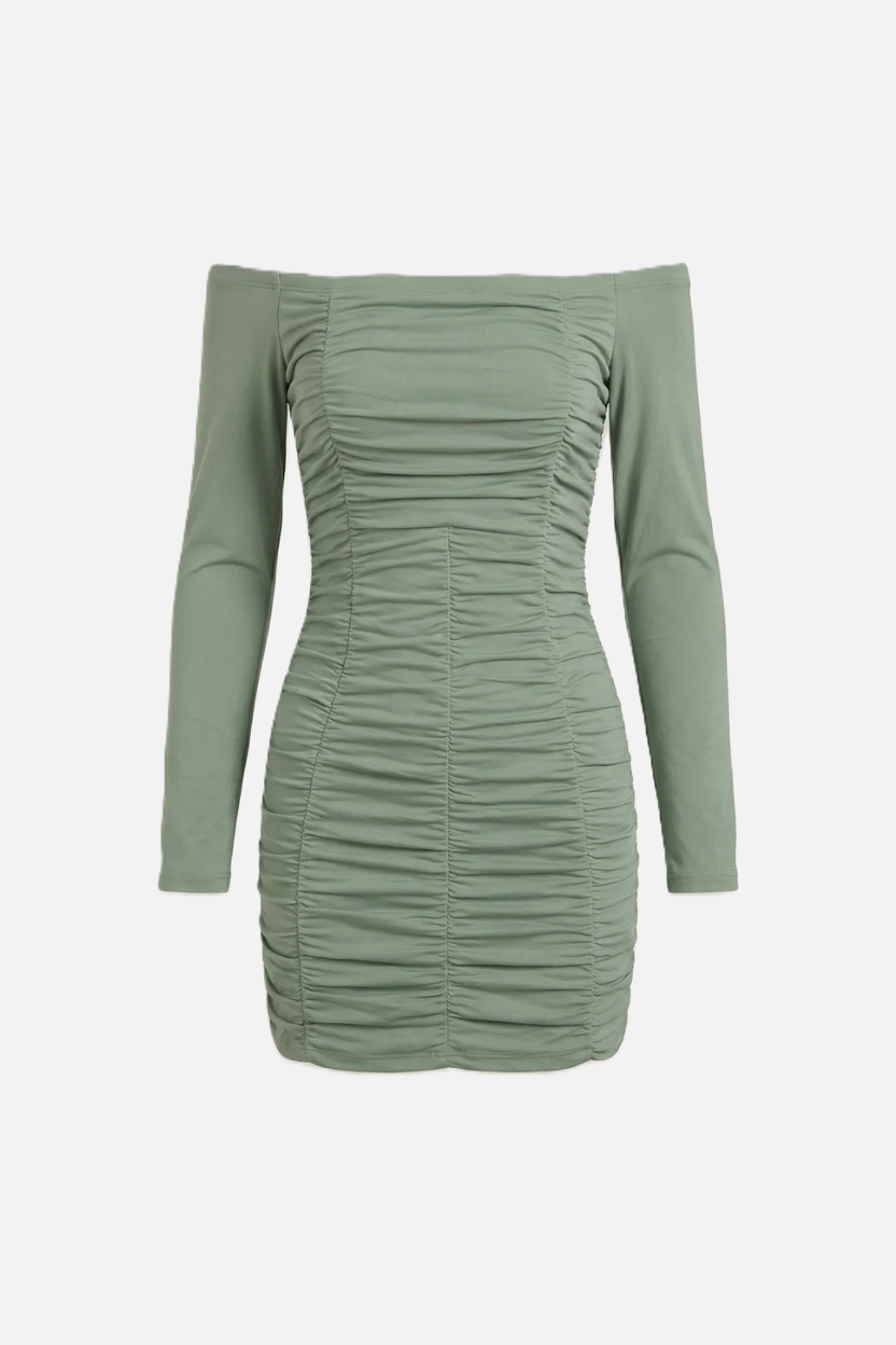 Ruched Off-Shoulder Long Sleeve Bodycon Mini Dress