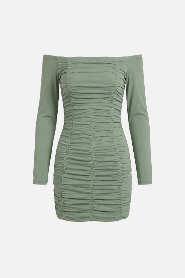 Ruched Off-Shoulder Long Sleeve Bodycon Mini Dress