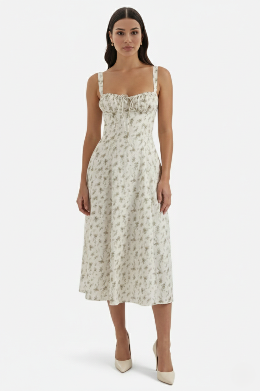 Summer Midi Dress Sweetheart Ruched Bust A Line Floral Print