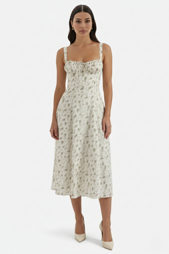 Summer Midi Dress Sweetheart Ruched Bust A Line Floral Print
