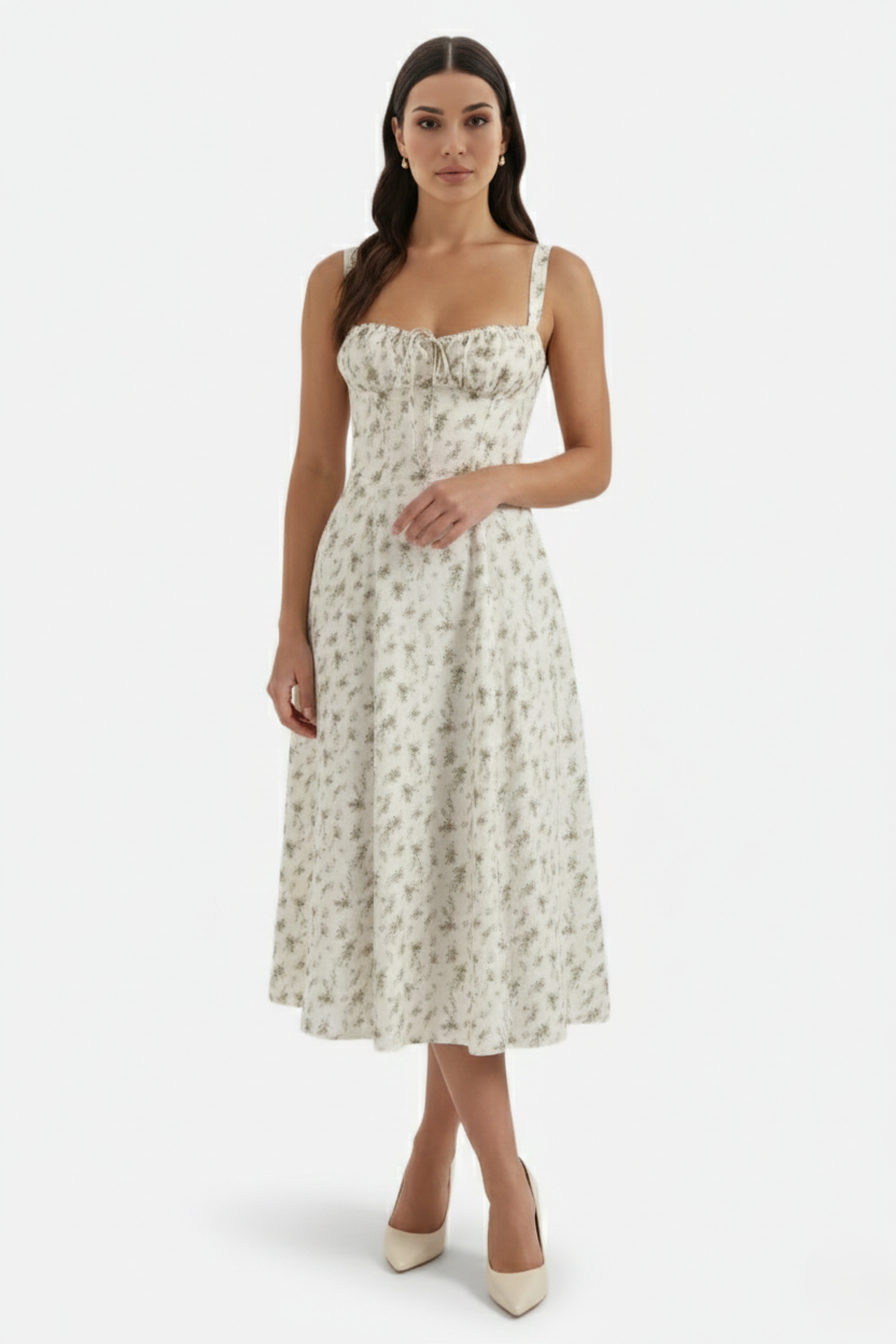 Summer Midi Dress Sweetheart Ruched Bust A Line Floral Print