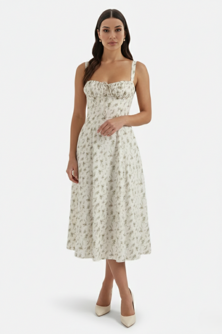 Summer Midi Dress Sweetheart Ruched Bust A Line Floral Print