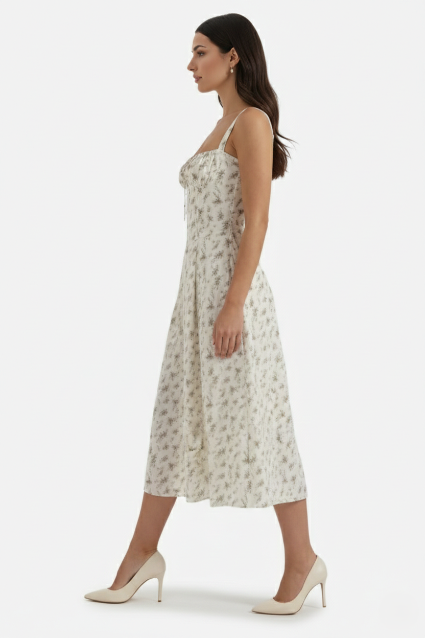 Summer Midi Dress Sweetheart Ruched Bust A Line Floral Print