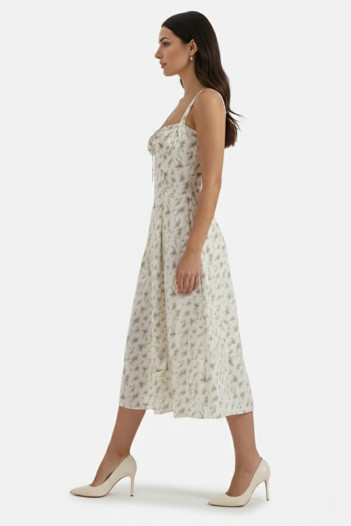Summer Midi Dress Sweetheart Ruched Bust A Line Floral Print