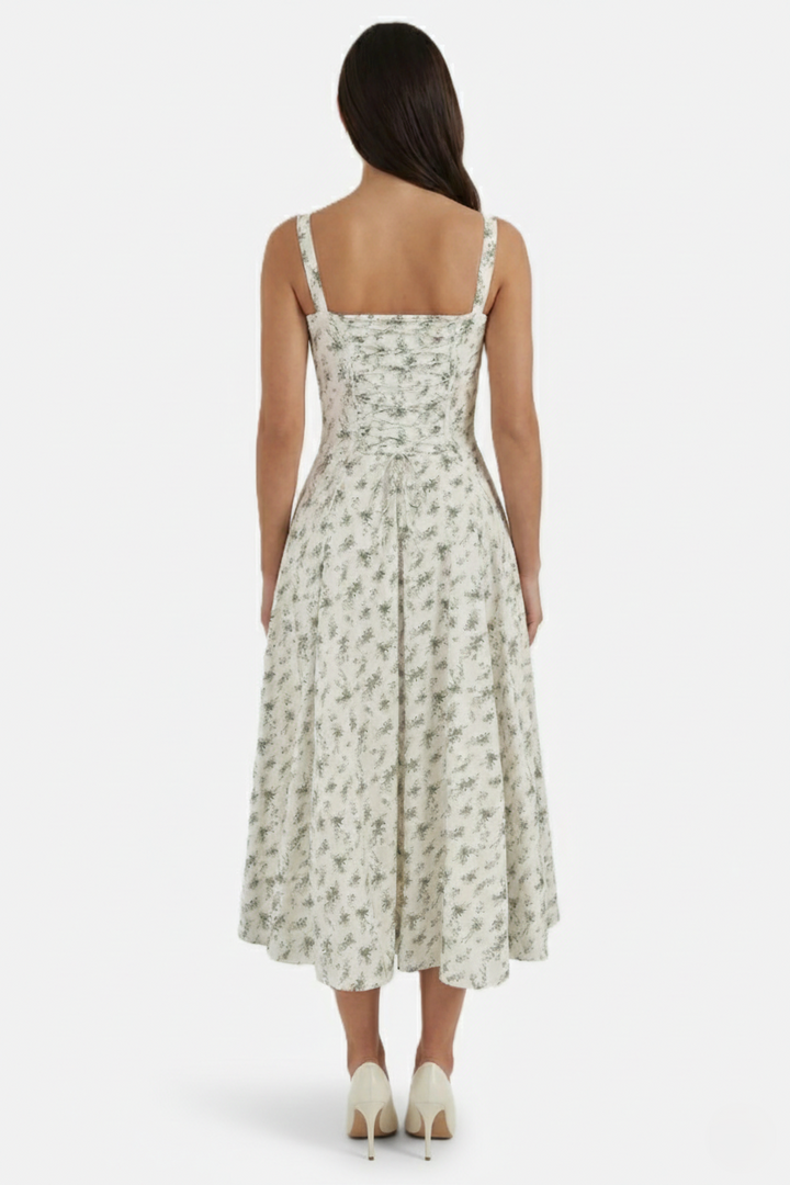 Summer Midi Dress Sweetheart Ruched Bust A Line Floral Print