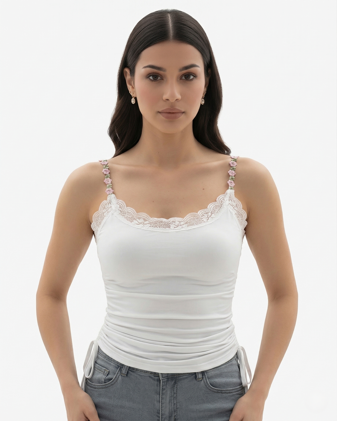 3 Piece Lace Trim Cami Top Set Floral Strap with Ruched Detail