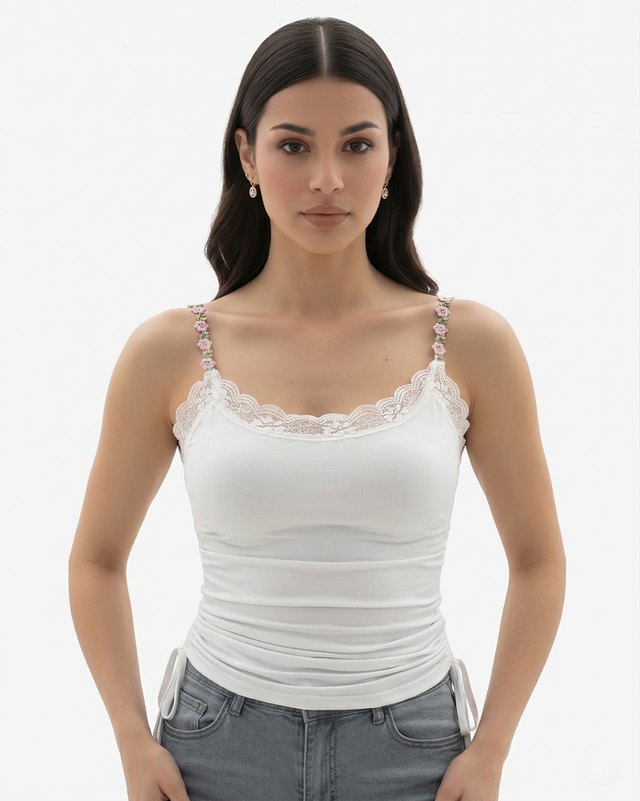3 Piece Lace Trim Cami Top Set Floral Strap with Ruched Detail