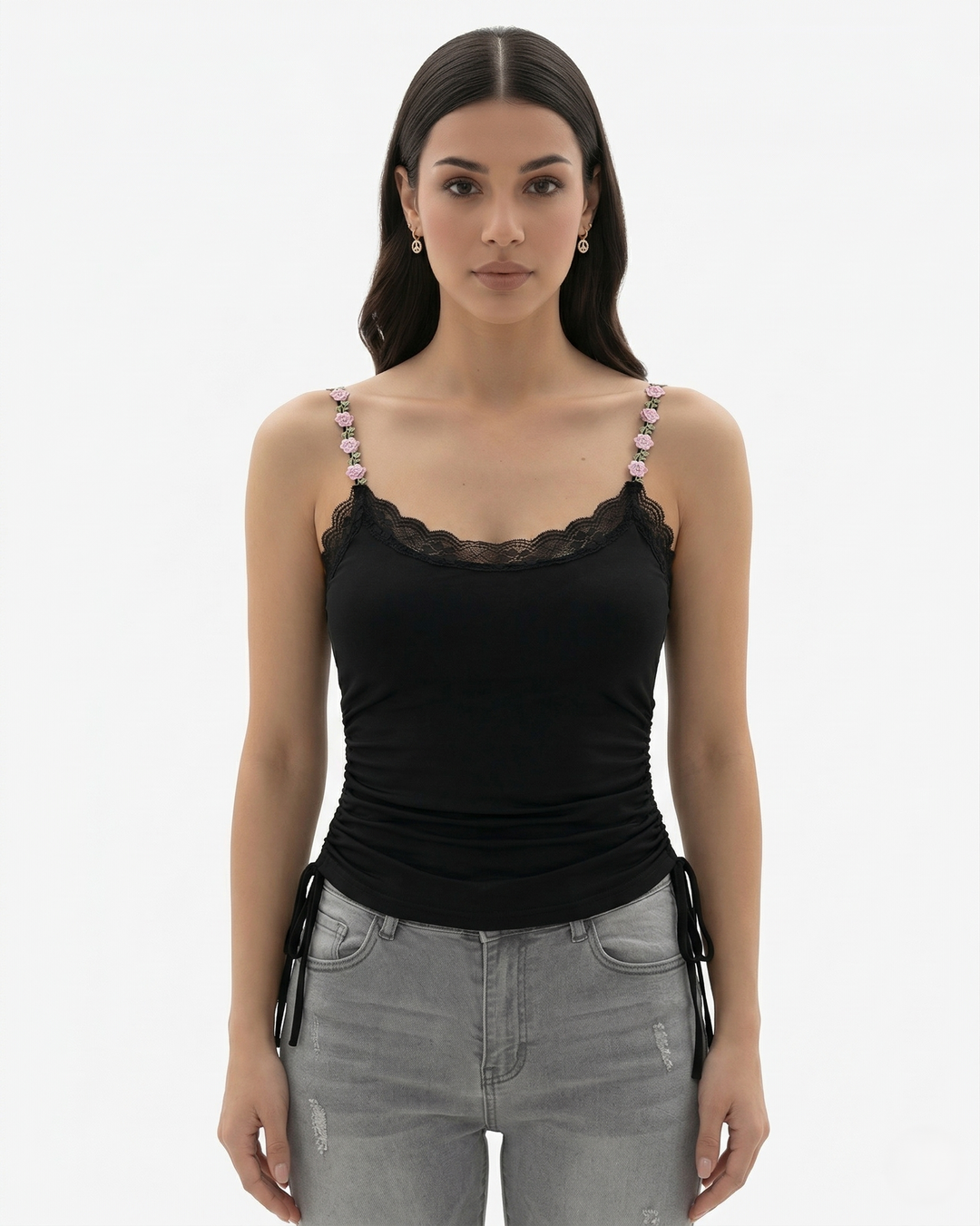 3 Piece Lace Trim Cami Top Set Floral Strap with Ruched Detail