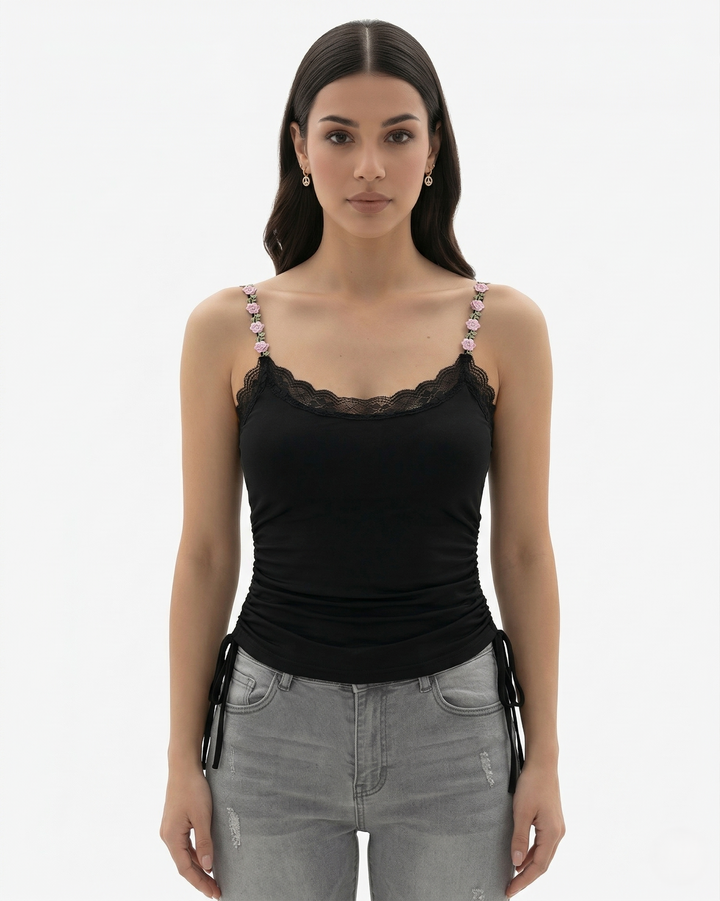 3 Piece Lace Trim Cami Top Set Floral Strap with Ruched Detail