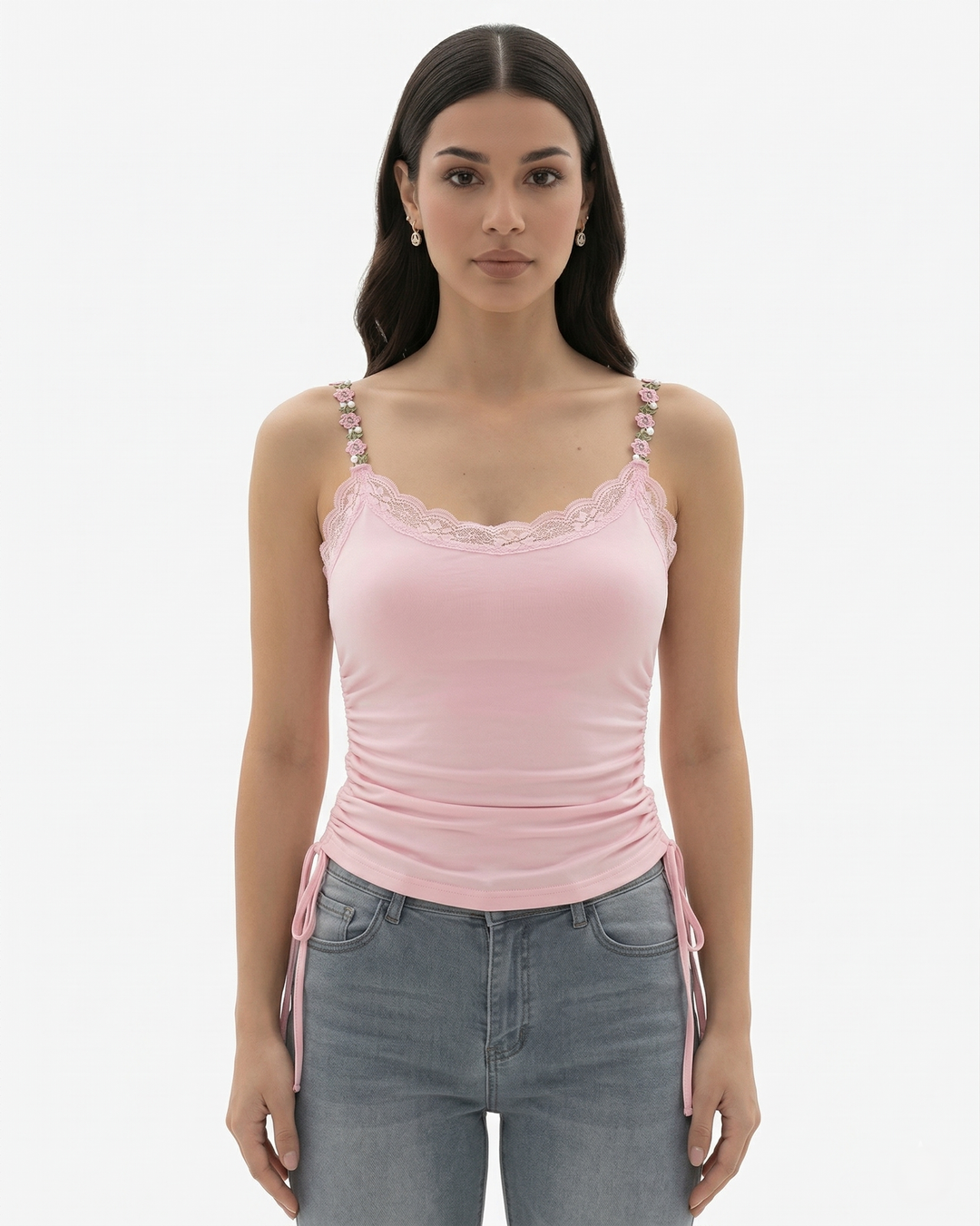 3 Piece Lace Trim Cami Top Set Floral Strap with Ruched Detail