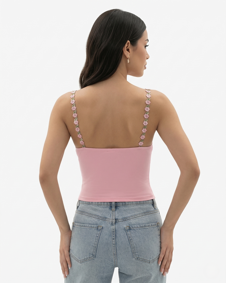 3 Piece Lace Trim Cami Top Set Floral Strap with Ruched Detail