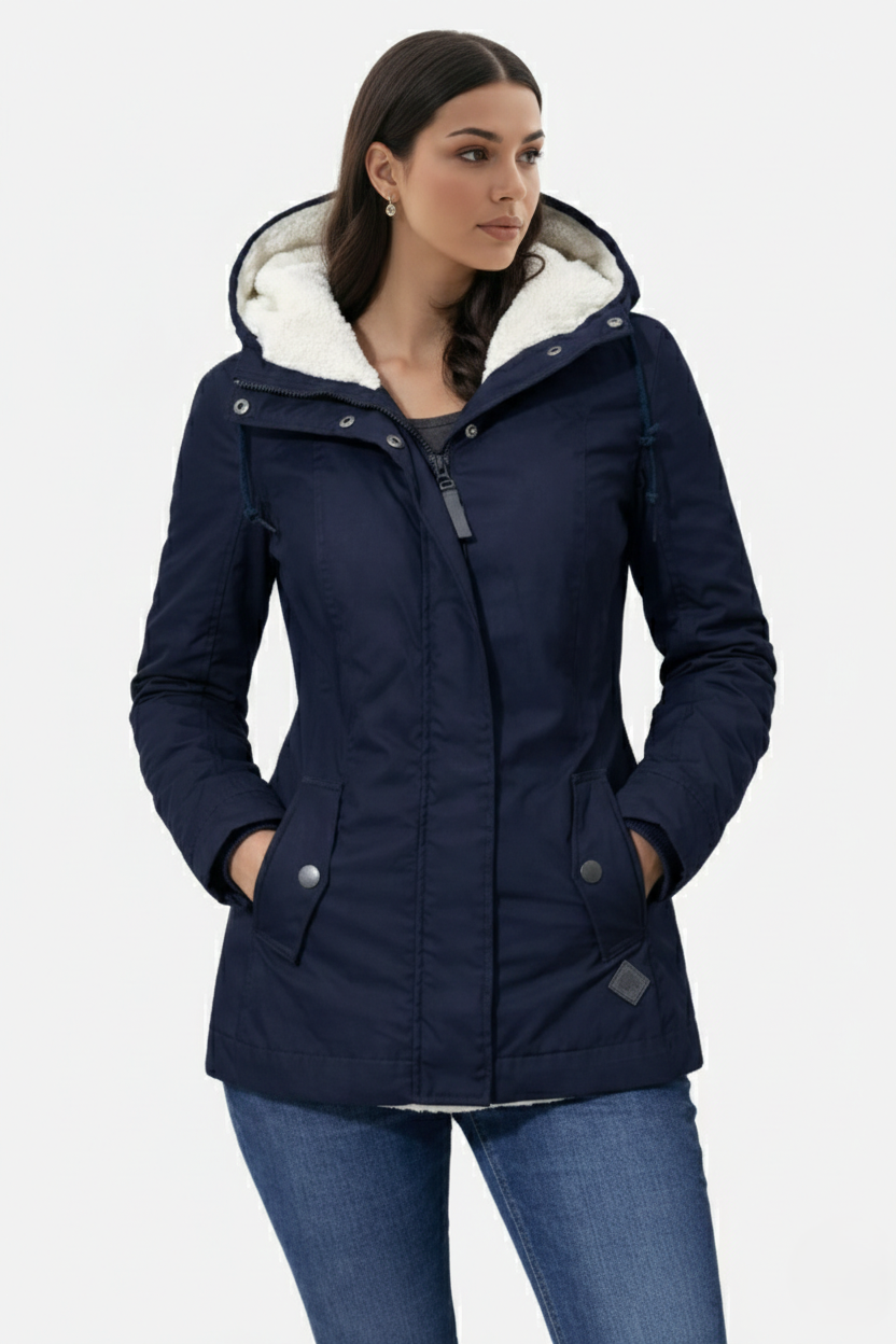 Waterproof Zip-Up Jacket with Fleece-Trim Hood and Pockets