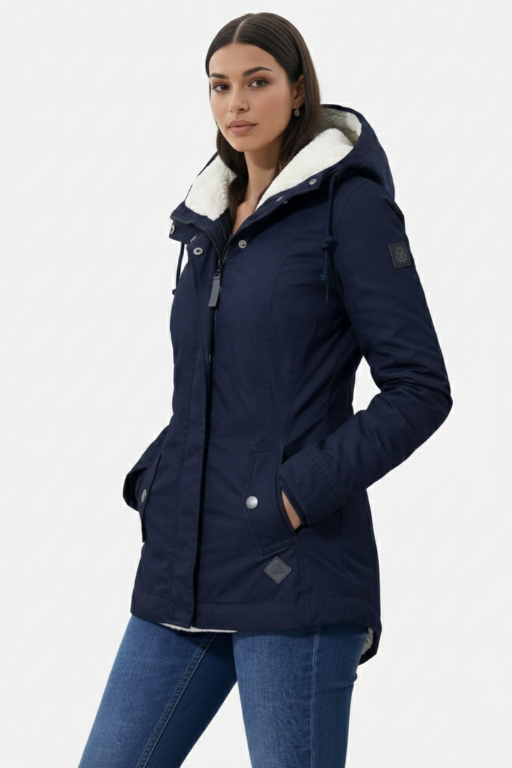 Waterproof Zip-Up Jacket with Fleece-Trim Hood and Pockets