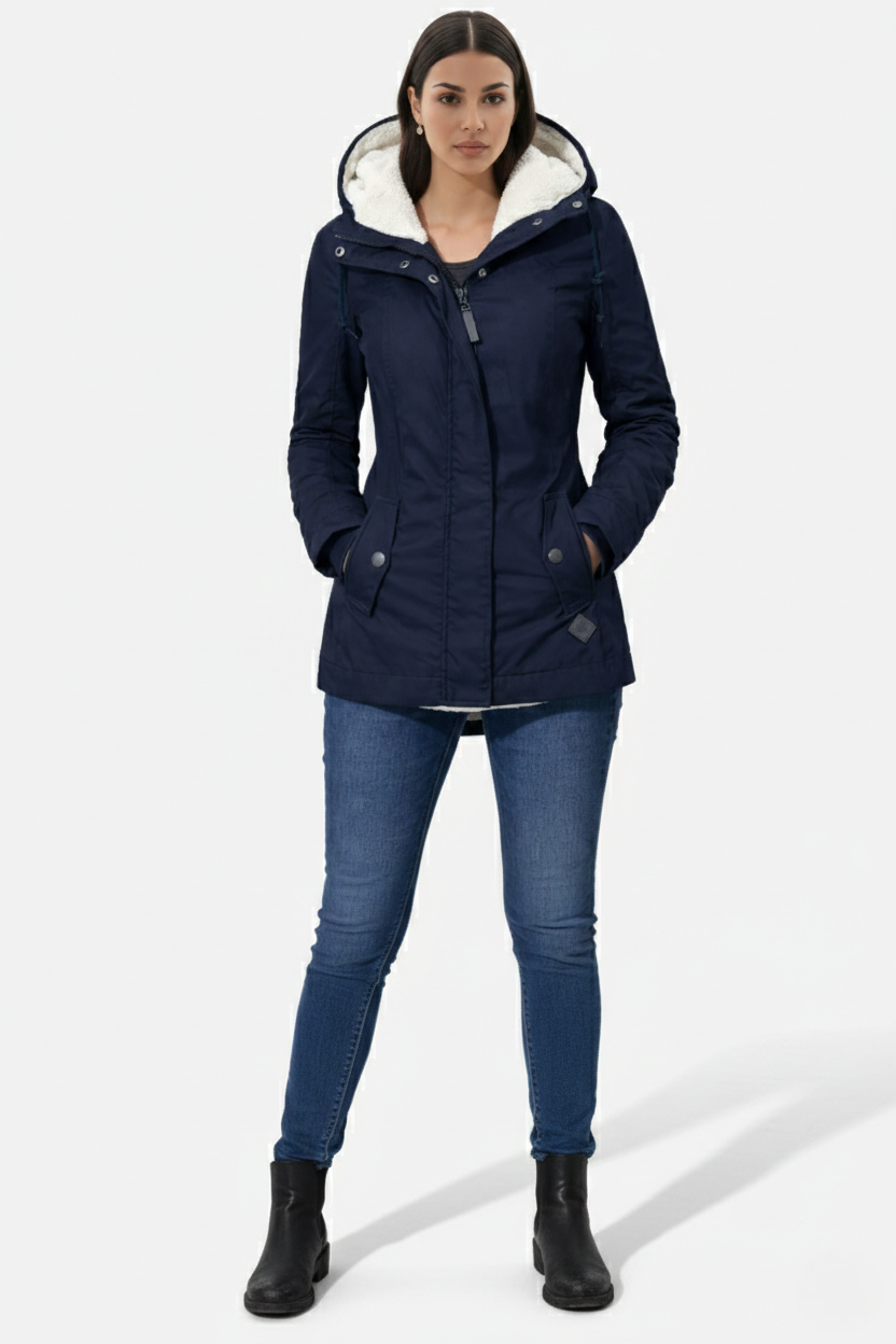 Waterproof Zip-Up Jacket with Fleece-Trim Hood and Pockets