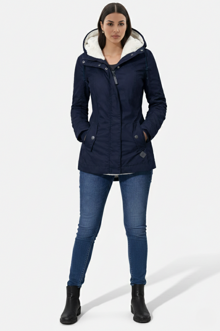 Waterproof Zip-Up Jacket with Fleece-Trim Hood and Pockets