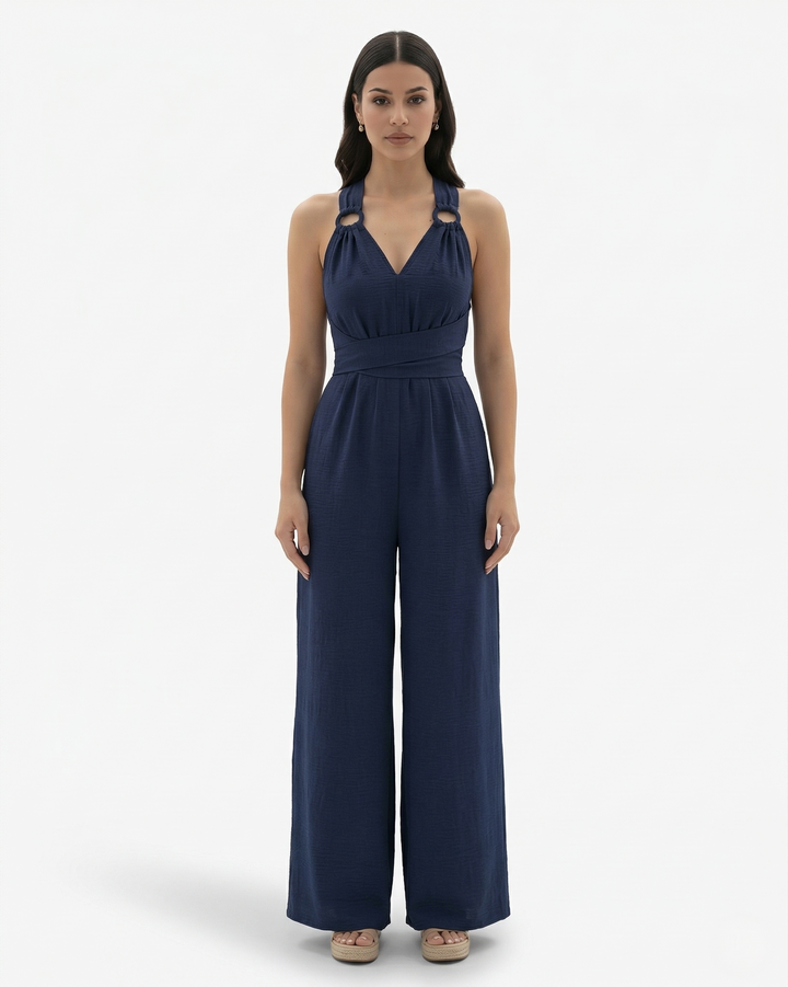 Wide Leg Jumpsuit Sleeveless V Neck Tie Waist Crisscross Back