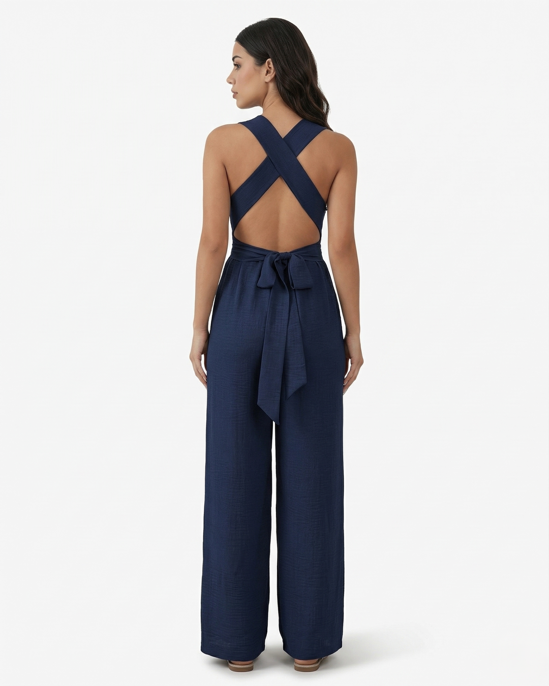 Wide Leg Jumpsuit Sleeveless V Neck Tie Waist Crisscross Back