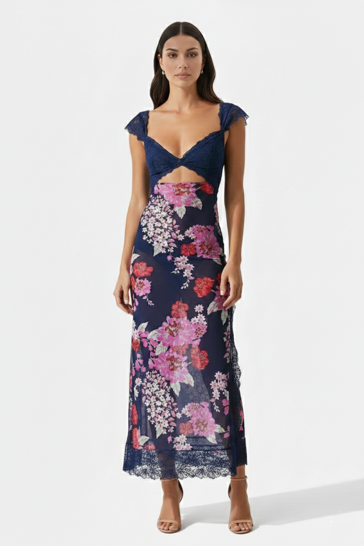 Floral Lace Trim Slip Maxi Dress Side Slit