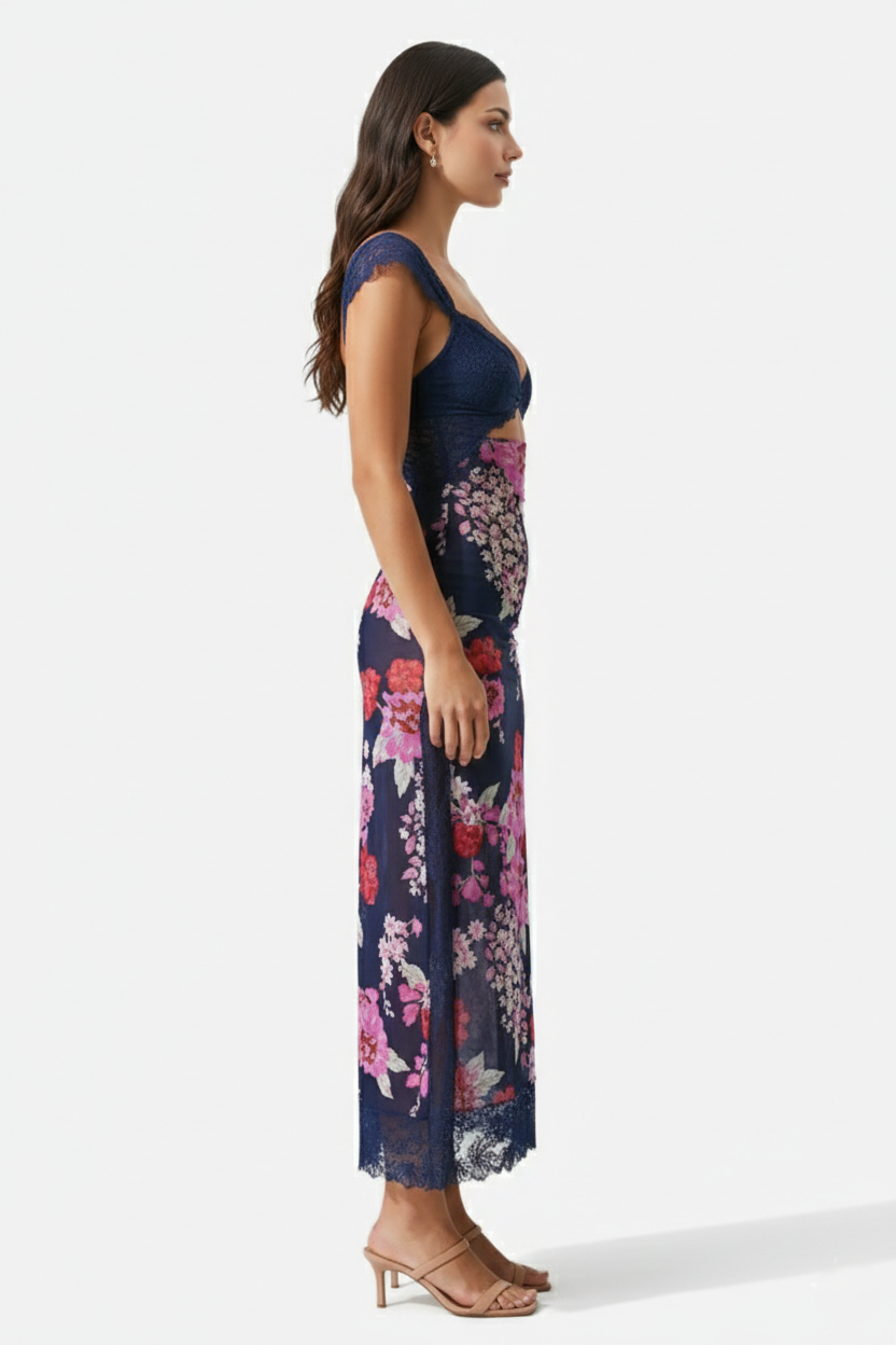 Floral Lace Trim Slip Maxi Dress Side Slit