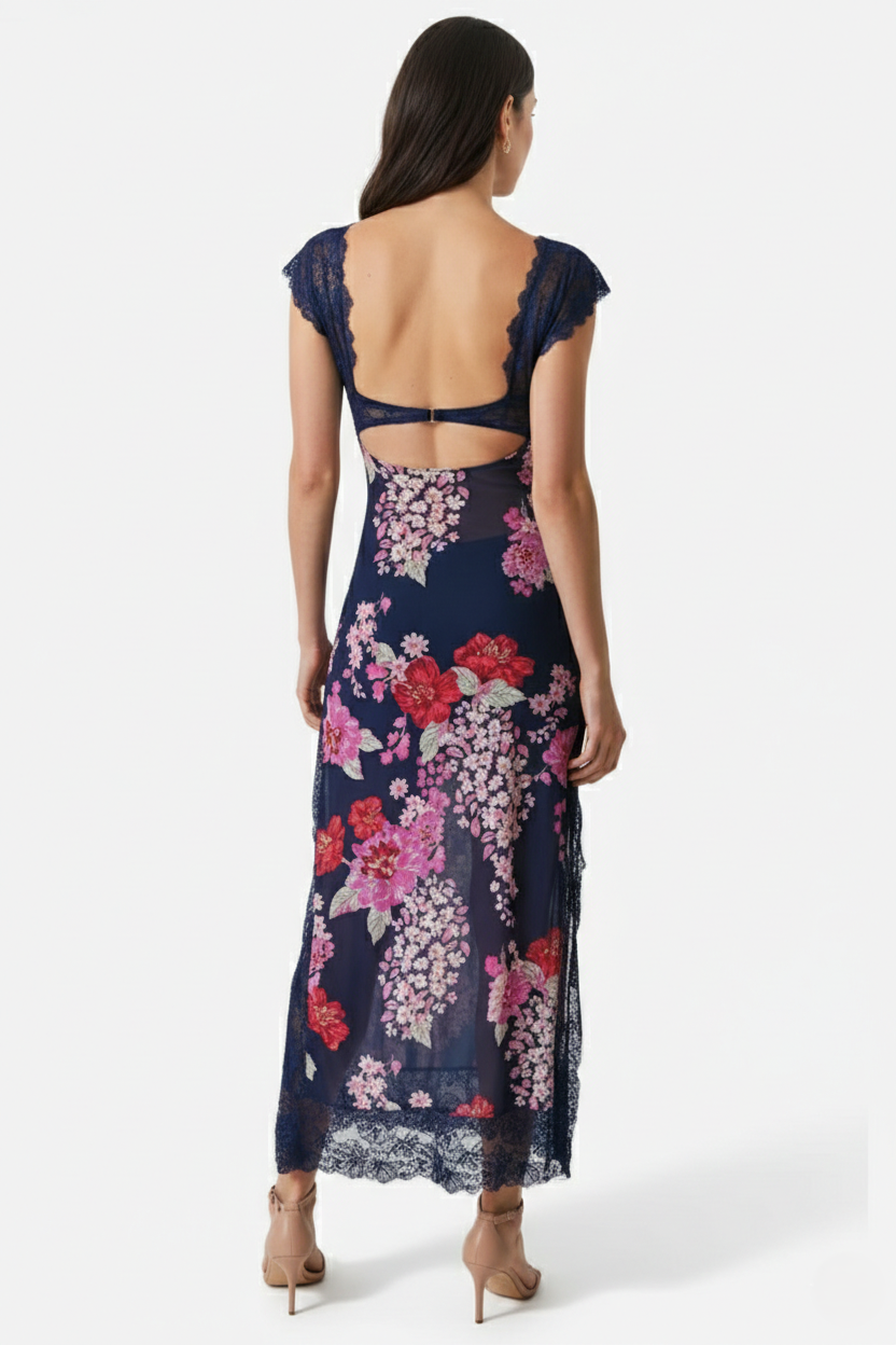 Floral Lace Trim Slip Maxi Dress Side Slit
