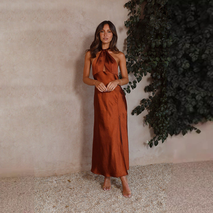 Nishel | Satijnen Maxi Halterjurk met Split