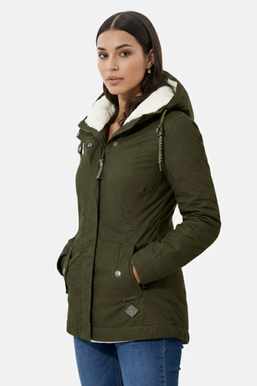 Waterproof Zip-Up Jacket with Fleece-Trim Hood and Pockets