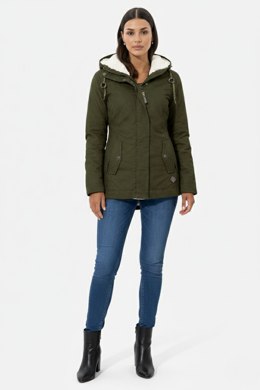 Waterproof Zip-Up Jacket with Fleece-Trim Hood and Pockets