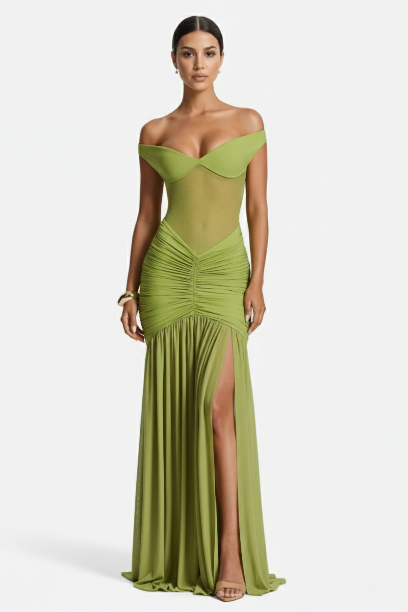 Off-Shoulder Ruched Evening Maxi Dress with High Slit and Mesh Bodice