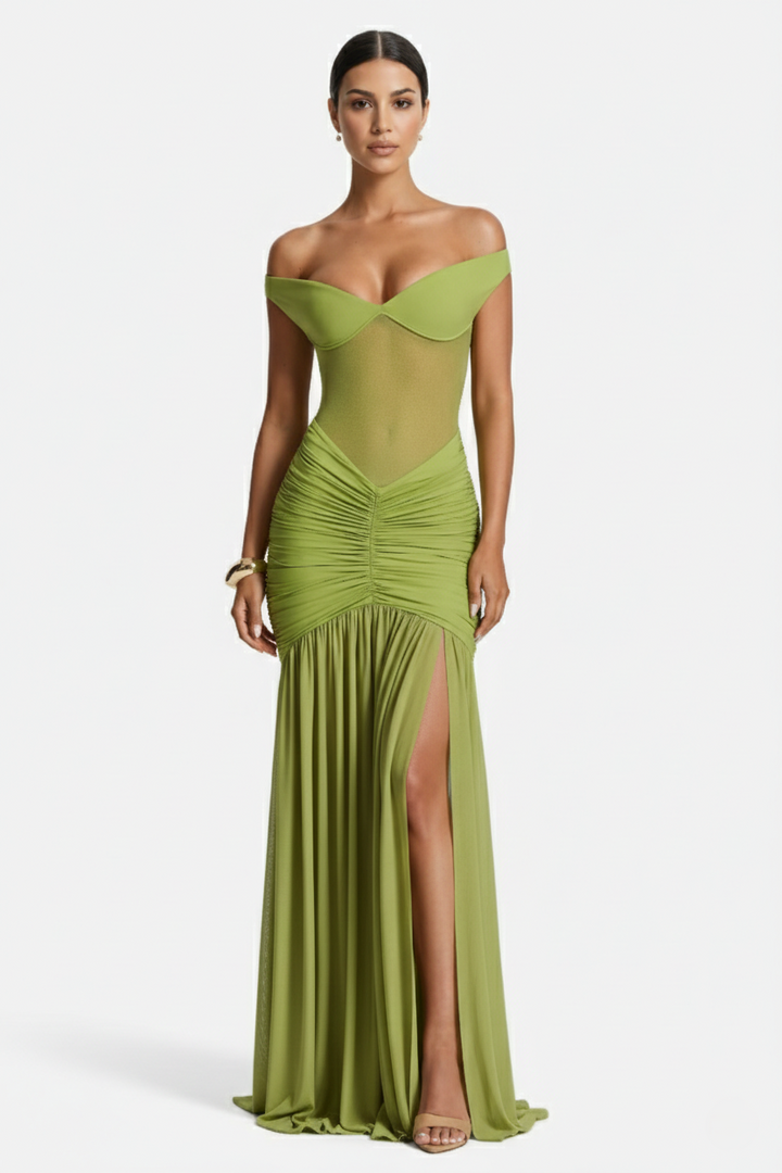 Off-Shoulder Ruched Evening Maxi Dress with High Slit and Mesh Bodice