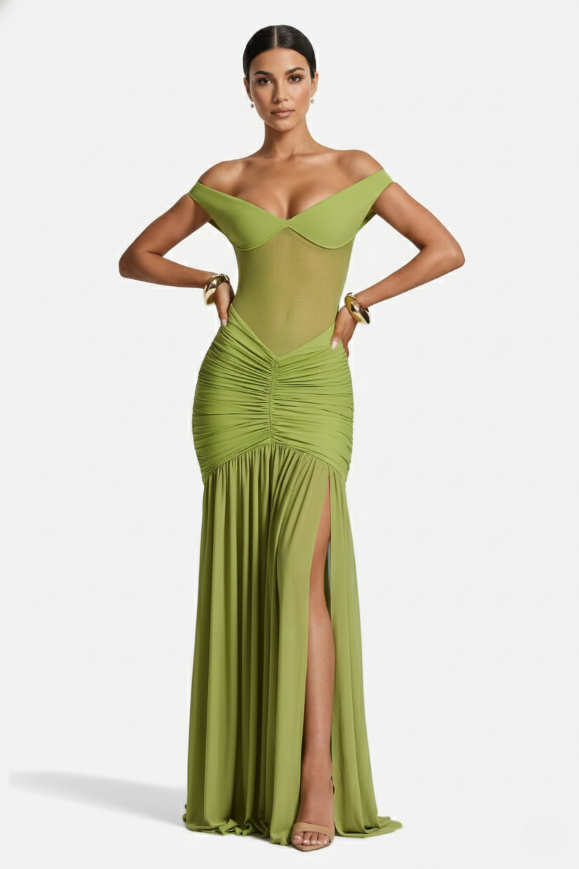 Off-Shoulder Ruched Evening Maxi Dress with High Slit and Mesh Bodice