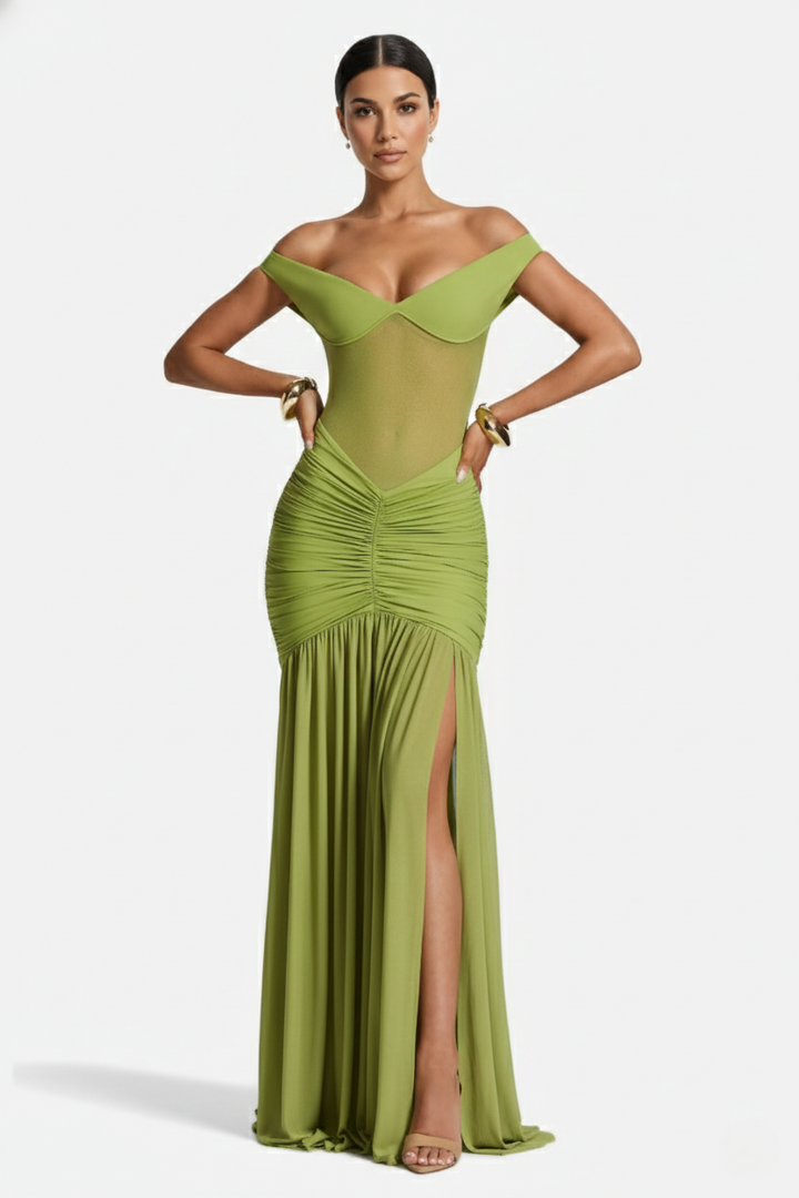 Off-Shoulder Ruched Evening Maxi Dress with High Slit and Mesh Bodice