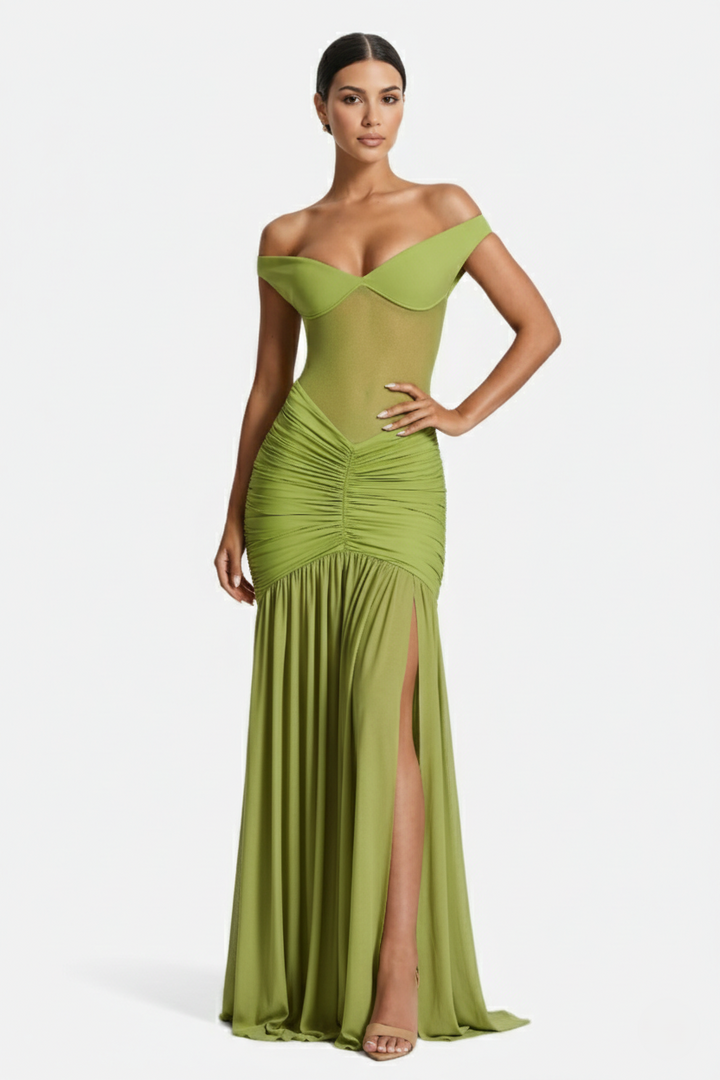 Off-Shoulder Ruched Evening Maxi Dress with High Slit and Mesh Bodice