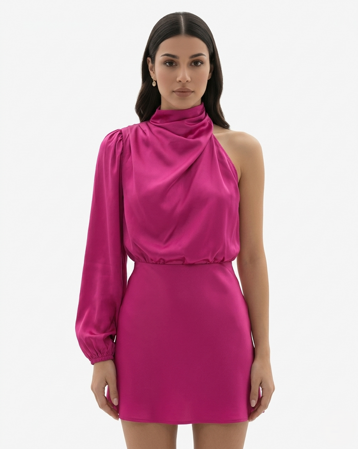 One Shoulder Mini Dress High Neck Draped Long Sleeve