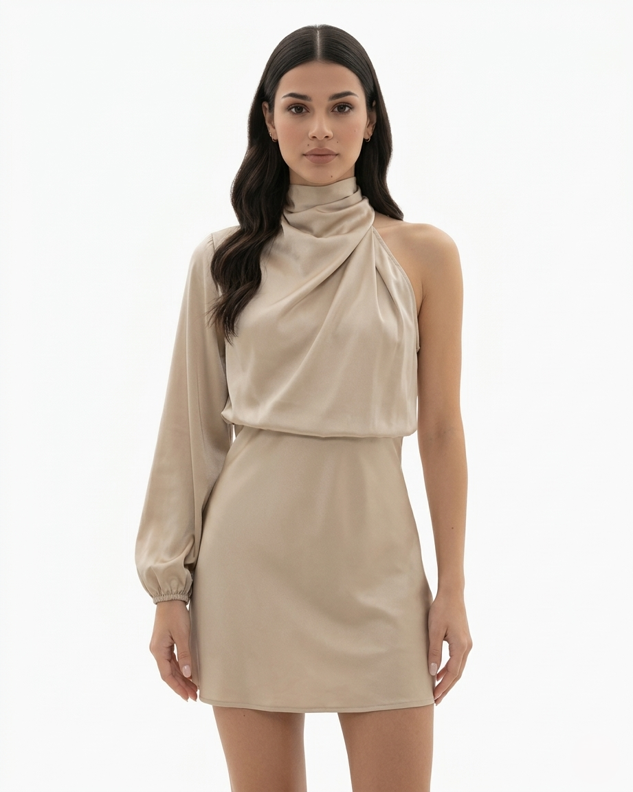 One Shoulder Mini Dress High Neck Draped Long Sleeve