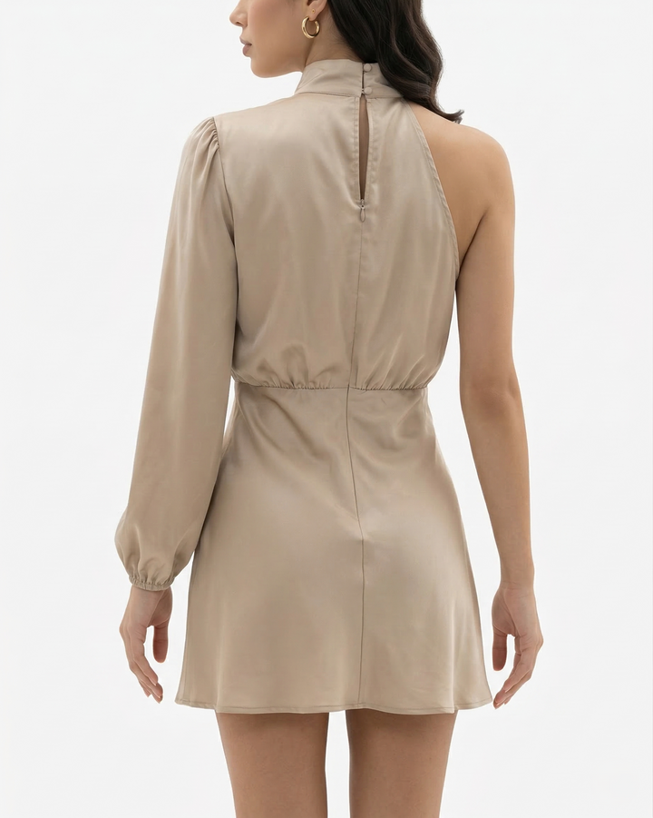 One Shoulder Mini Dress High Neck Draped Long Sleeve