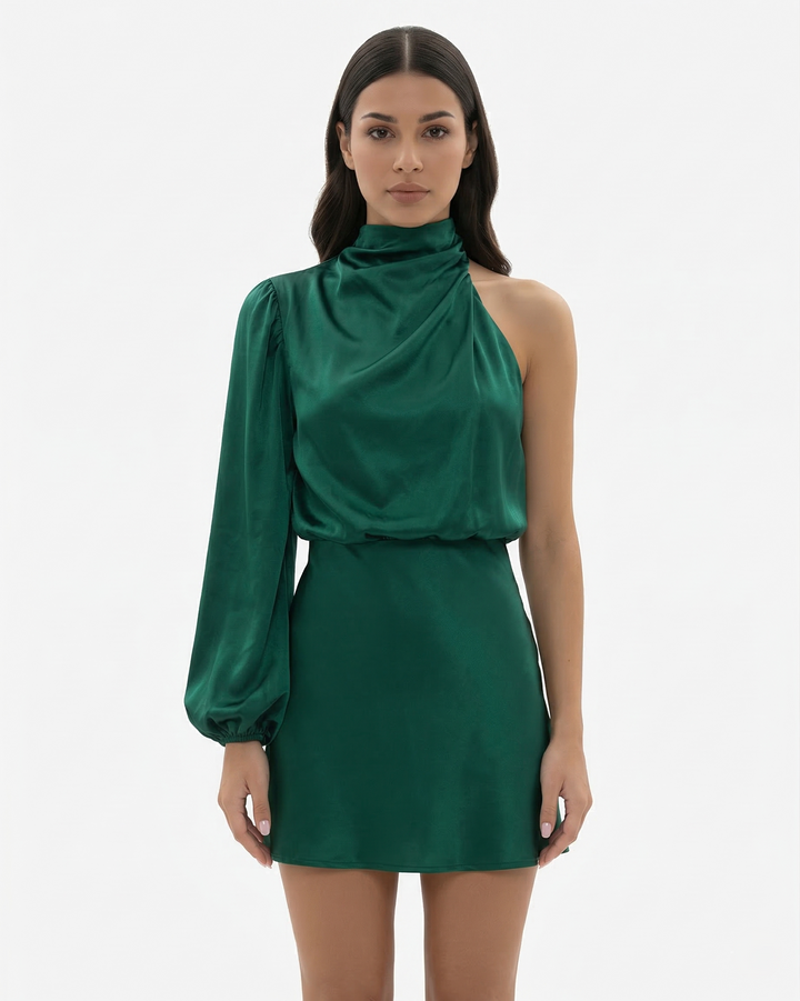 One Shoulder Mini Dress High Neck Draped Long Sleeve