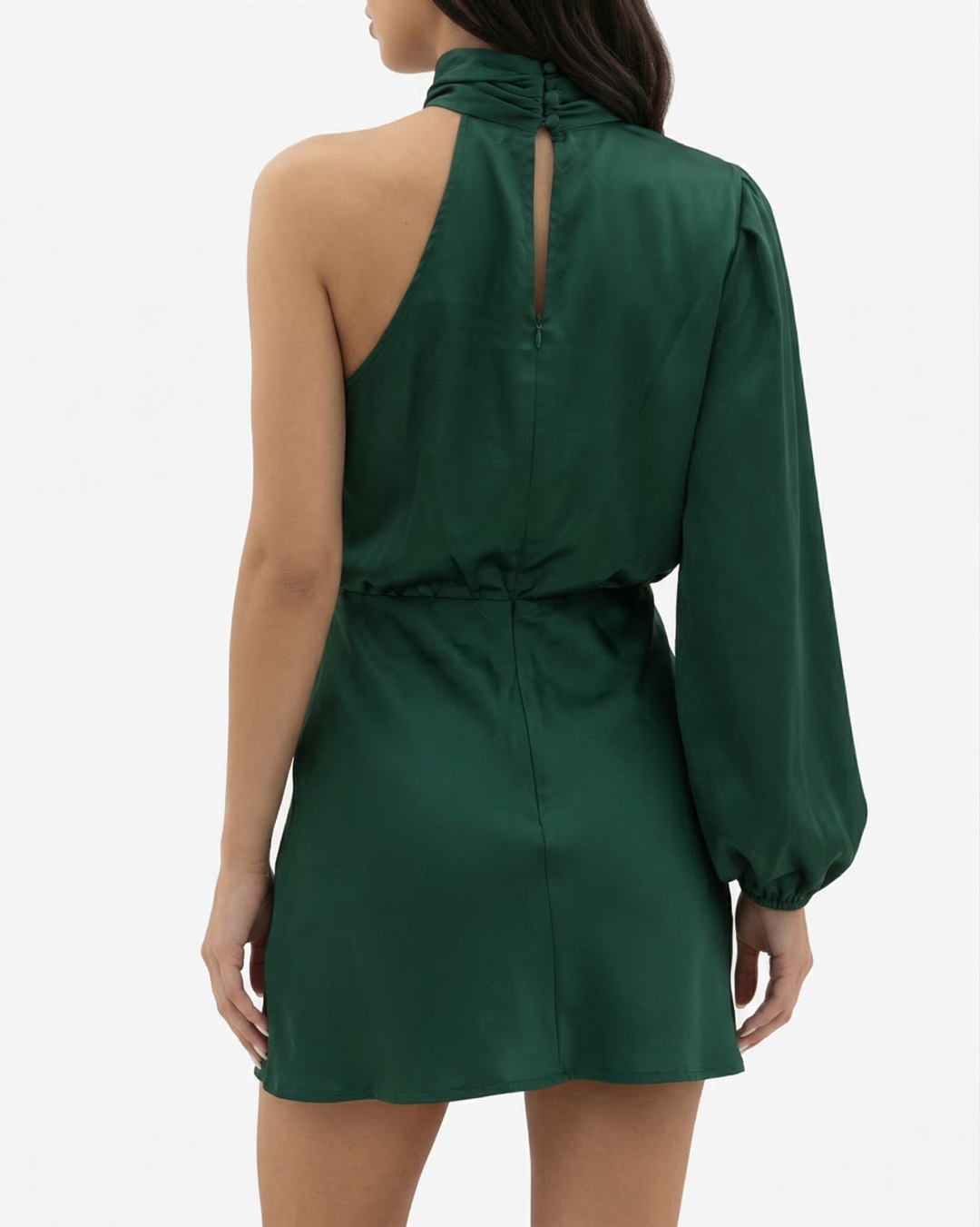 One Shoulder Mini Dress High Neck Draped Long Sleeve