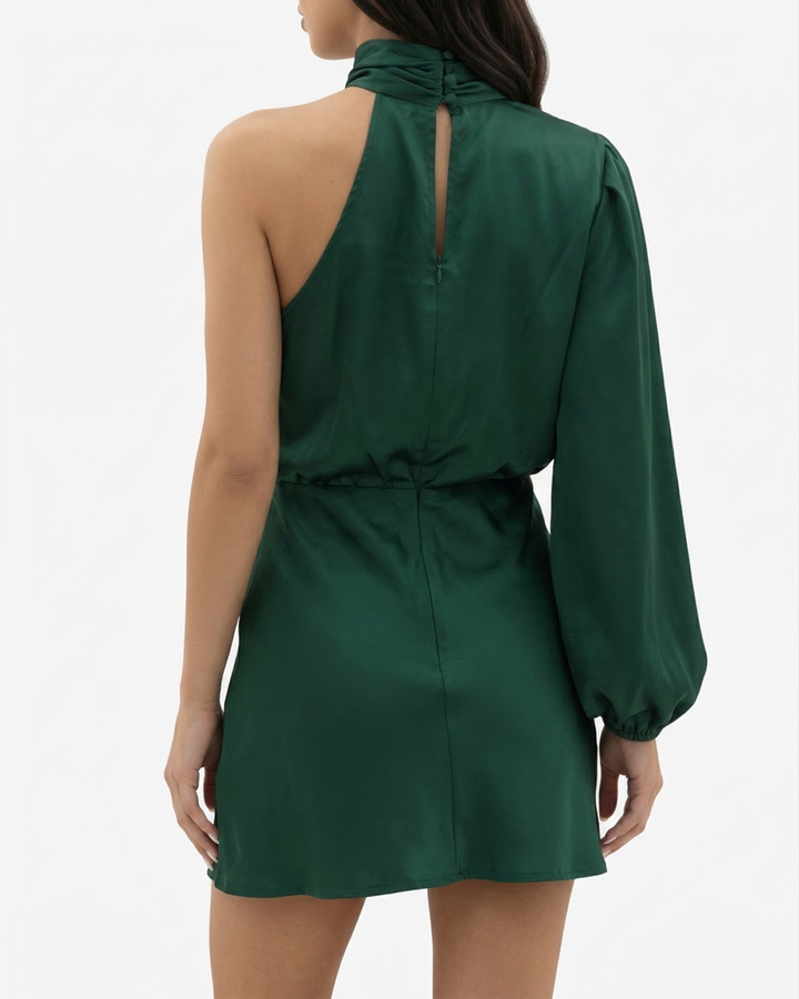 One Shoulder Mini Dress High Neck Draped Long Sleeve