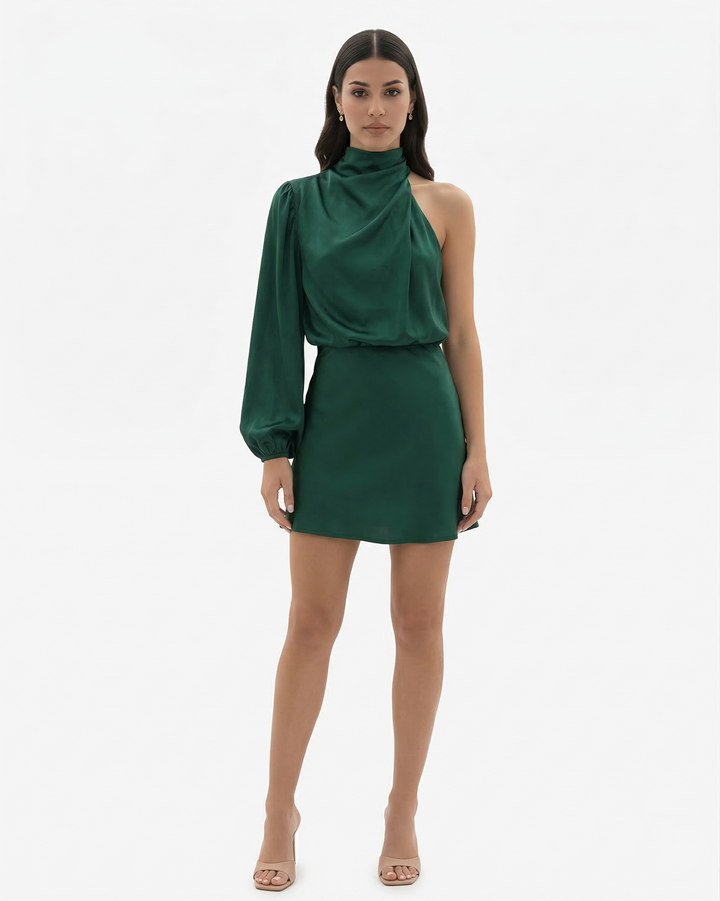 One Shoulder Mini Dress High Neck Draped Long Sleeve