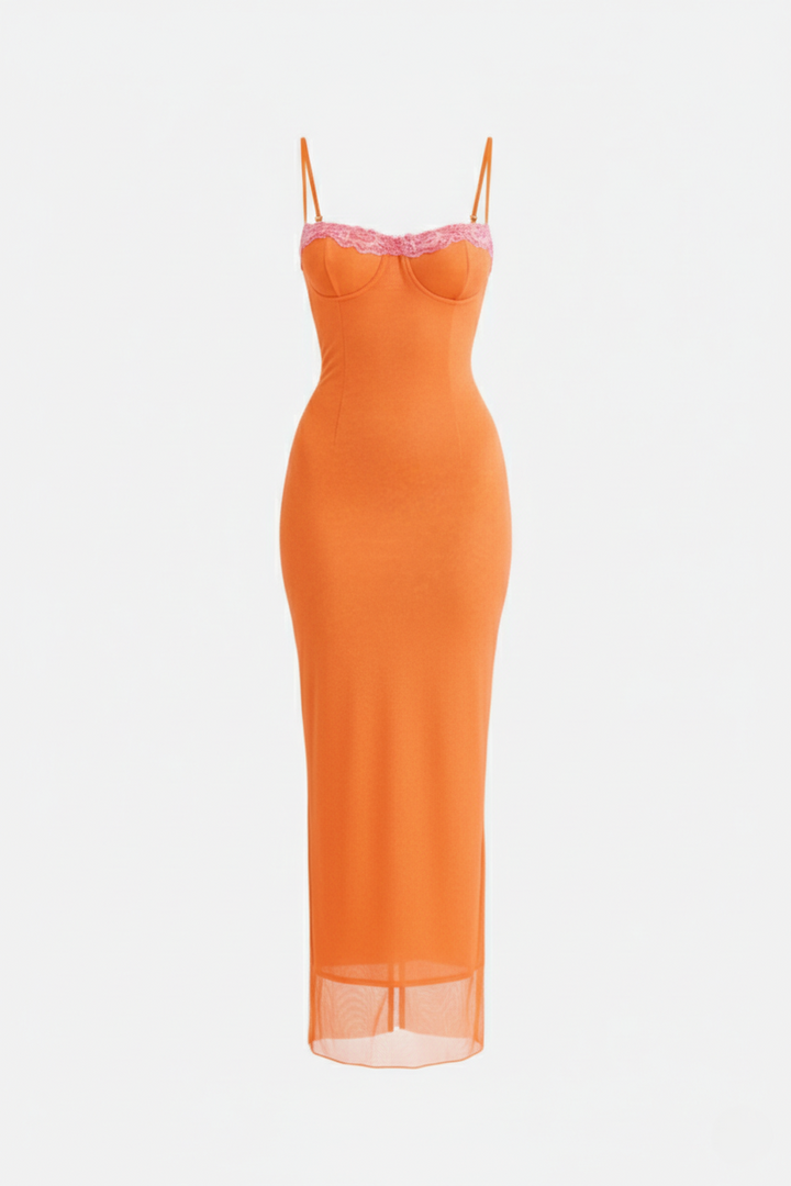 Lace Trim Fitted Maxi Dress with Spaghetti Straps