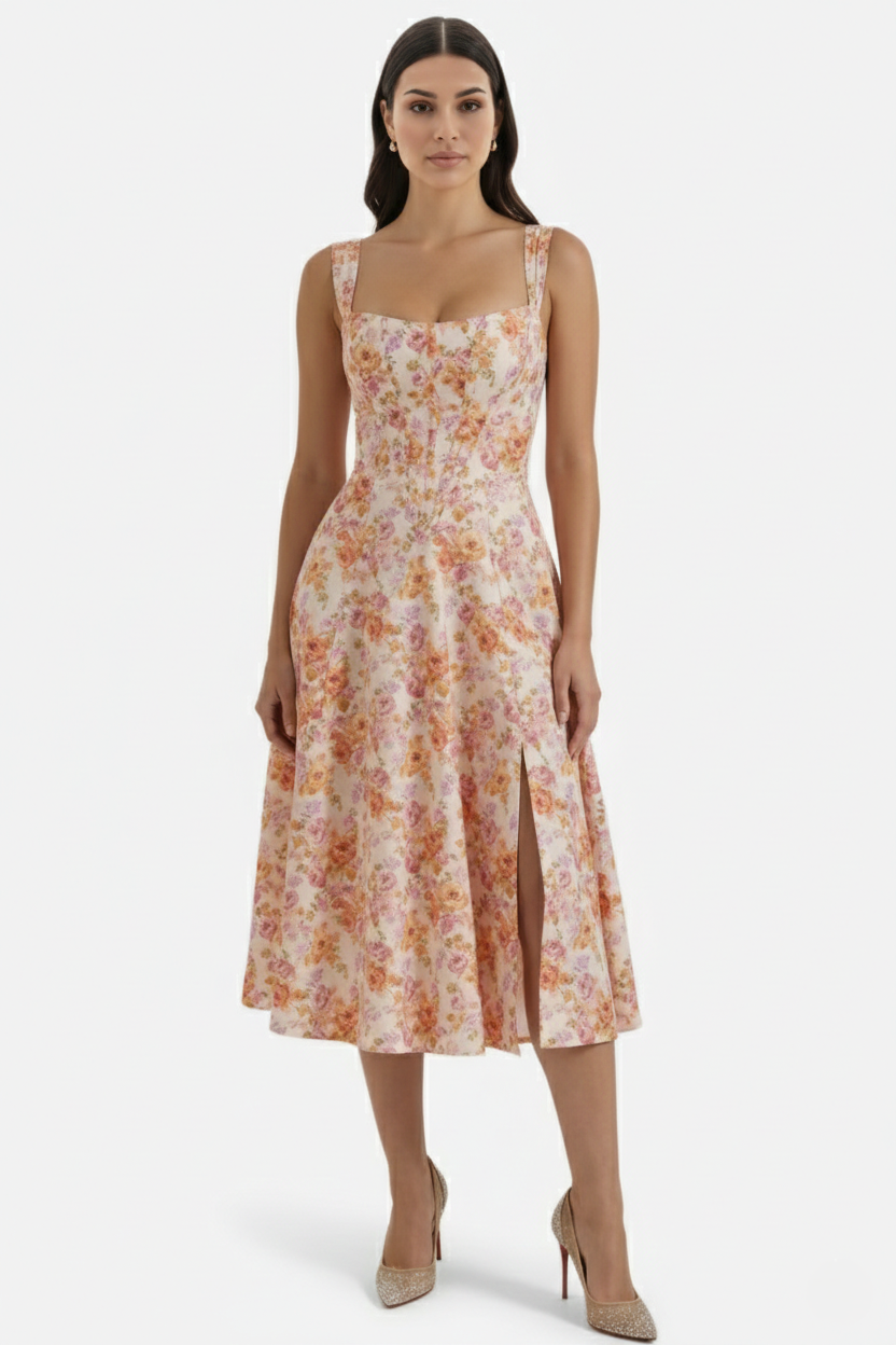 Sundress Floral Print Corset Bodice Side Slit Midi