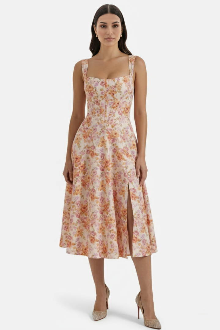 Sundress Floral Print Corset Bodice Side Slit Midi