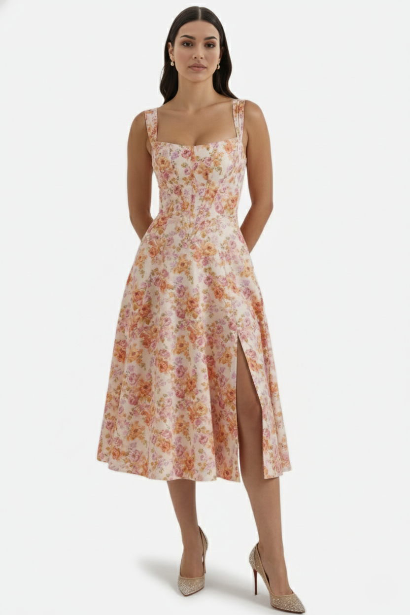 Sundress Floral Print Corset Bodice Side Slit Midi