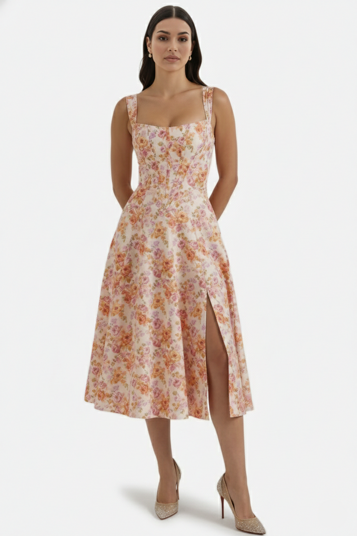 Sundress Floral Print Corset Bodice Side Slit Midi