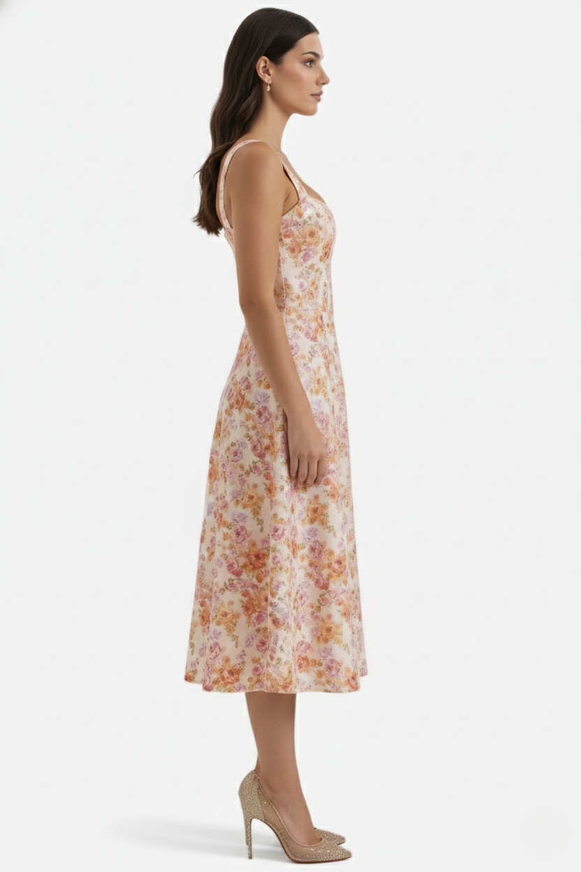 Sundress Floral Print Corset Bodice Side Slit Midi