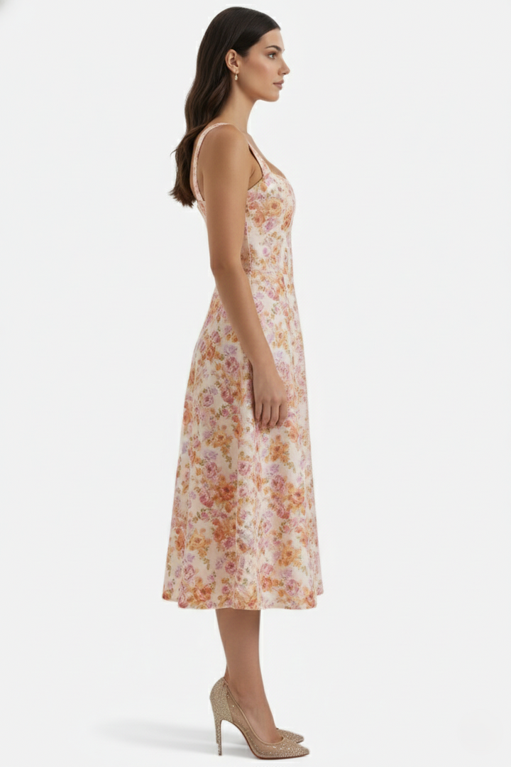 Sundress Floral Print Corset Bodice Side Slit Midi