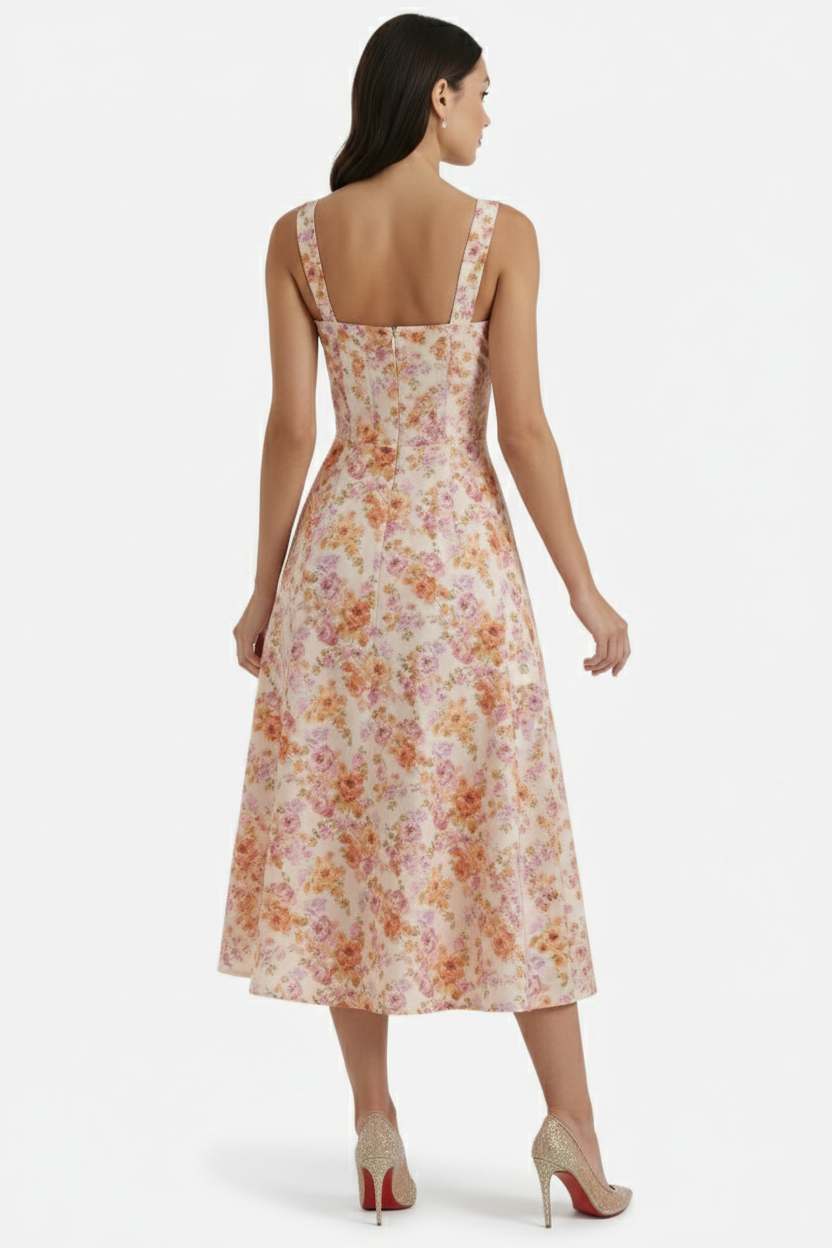 Sundress Floral Print Corset Bodice Side Slit Midi