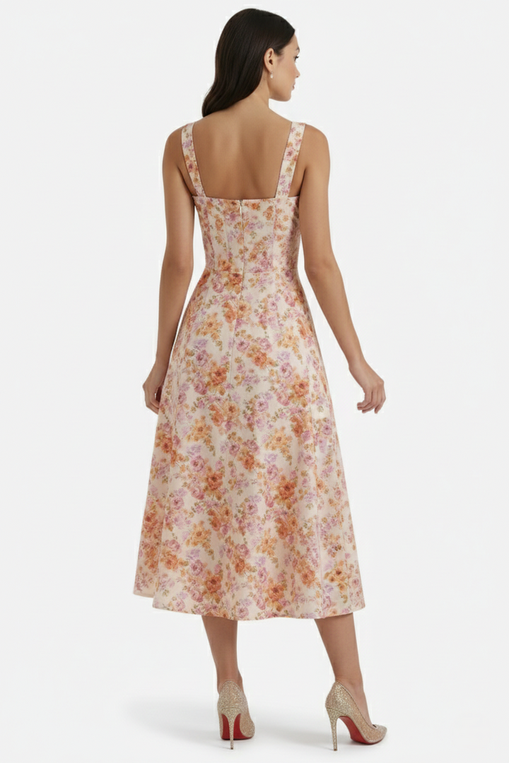 Sundress Floral Print Corset Bodice Side Slit Midi